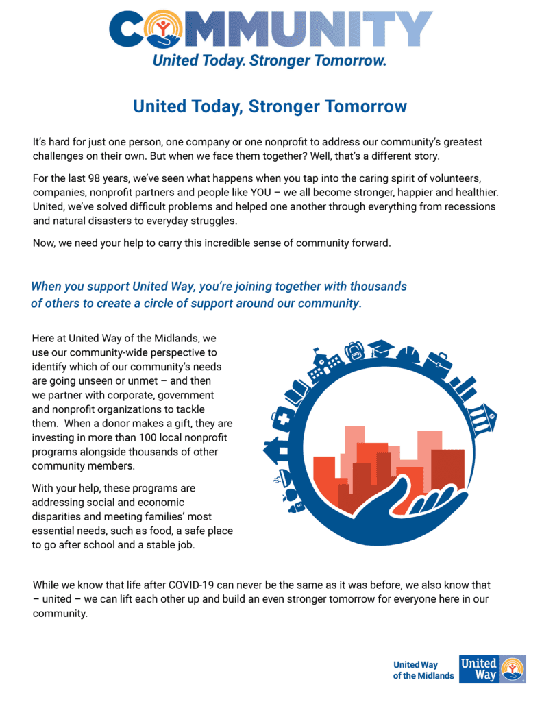 United Way Midlands at a glance - United Today, Stronger Tomorrow letter